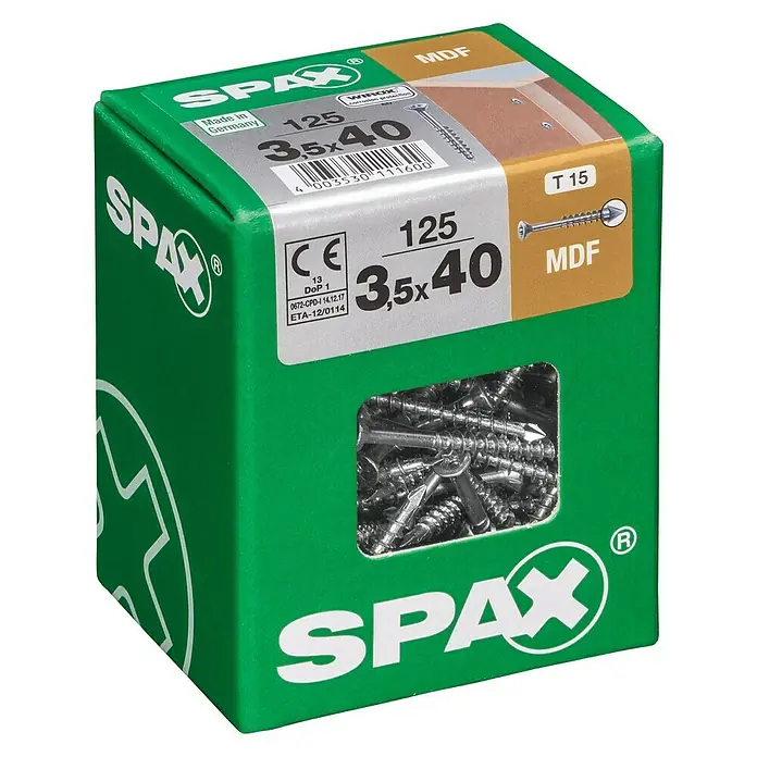 Spax MDF-Schraube T-STAR plus - 3,5 x 40 mm, WIROX Oberfläche, 125 Stk., Teilgewinde - Eine grüne Spax-Box mit 125 MDF-Schrauben der Größe 3,5x40, ideal für Holzbearbeitungsprojekte in Deutschland hergestellt.