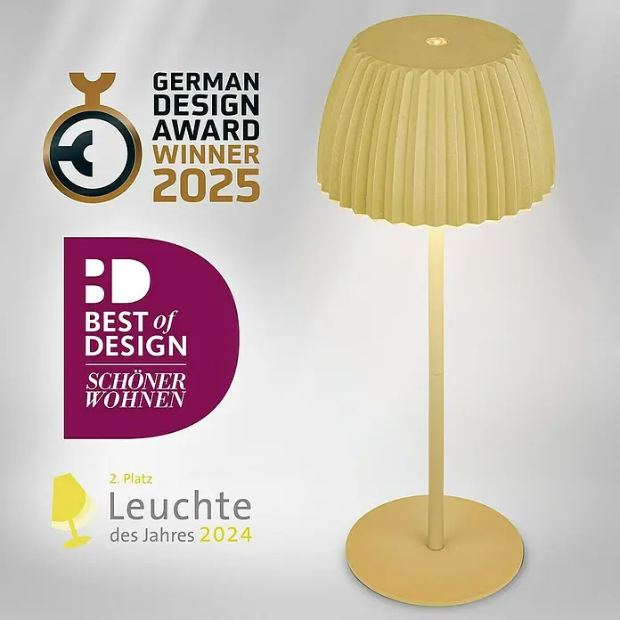 Brilo Riffle Akku-Tischleuchte - Ø x H: 14,3 x 36,4 cm, Grün, Warmweiß, 2 W, IP44, Classic - Abgebildet ist eine moderne Stehleuchte in Gelb, ausgezeichnet mit dem German Design Award 2025 und dem Best of Design Award.