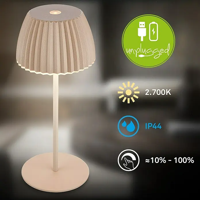 Brilo Riffle Akku-Tischleuchte - Ø x H: 8,5 x 20,1 cm, Beige, Warmweiß, 1,5 W, IP44, Mini - Eine kabellose, dimmbare Tischleuchte mit plissiertem Schirm. Die Lampe bietet warmes Licht und ist wassergeschützt.