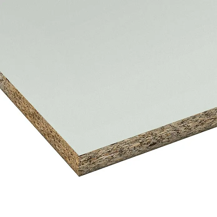 Spanplatte nach Maß I - Lichtgrau Perl, Stärke: 19 mm, L x B: 280 x 207 cm - Nahaufnahme einer weißen Spanplatte mit sichtbarer Holzstruktur. Ideal für Möbelbau und Innenausbau.