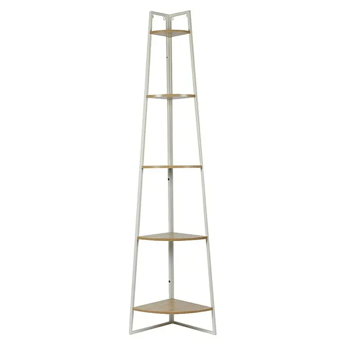 Home Deco Factory Estantería esquinera - An x Al: 34 x 180 cm, Número de baldas: 5 ud., Blanco/Beige - Este estante está hecho de madera clara y metal blanco, proporcionando almacenamiento adicional para tu hogar.