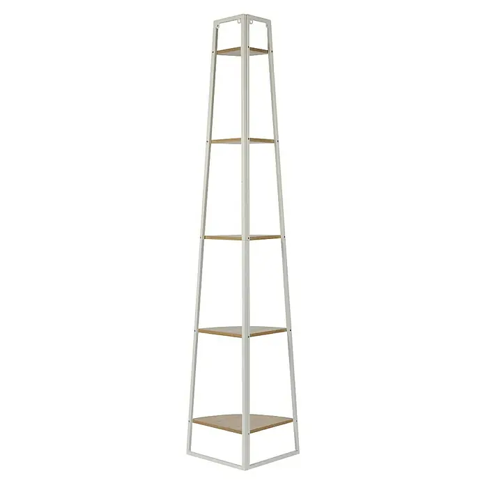 Home Deco Factory Estantería esquinera - An x Al: 34 x 180 cm, Número de baldas: 5 ud., Blanco/Beige - Una estantería alta y delgada de color blanco con estantes de madera, ideal para el almacenamiento y la exposición.