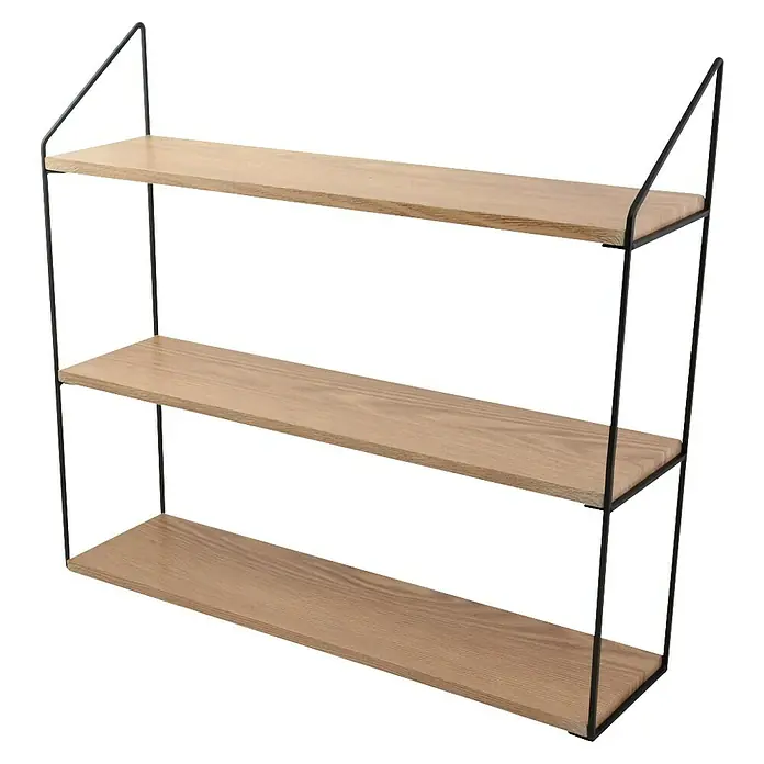 Estante de pared - L x An x Al: 15 x 60 x 54 cm, Carga límite balda: 15 kg - Esta imagen muestra una estantería de pared con tres estantes de madera y una estructura de metal negro. Ideal para libros u objetos decorativos.