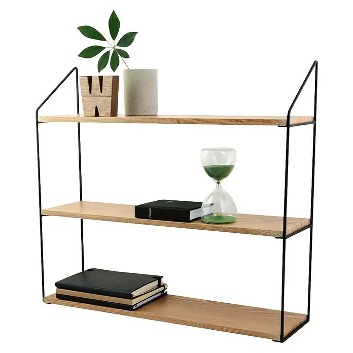 Estante de pared - L x An x Al: 15 x 60 x 54 cm, Carga límite balda: 15 kg - Estantería de pared de tres niveles hecha de madera y metal negro, que exhibe elementos decorativos para un espacio vital elegante.