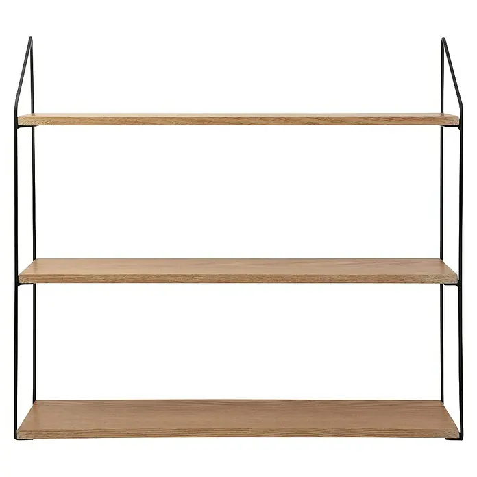 Estante de pared - L x An x Al: 15 x 60 x 54 cm, Carga límite balda: 15 kg - Esta imagen muestra una estantería de pared moderna de tres niveles con estantes de madera y un elegante marco de metal negro. La estantería es ideal para almacenamiento.