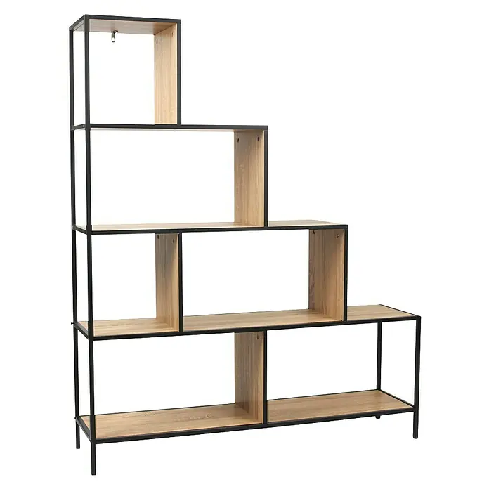 Home Deco Factory Edison Estantería metálica - L x An x Al: 30 x 120 x 146 cm, Metal/Madera, Negro/Marrón, Forma de escalera - Estantería moderna de escalera con estructura de madera y metal. Ideal para salón u oficina para almacenamiento y decoración elegante.