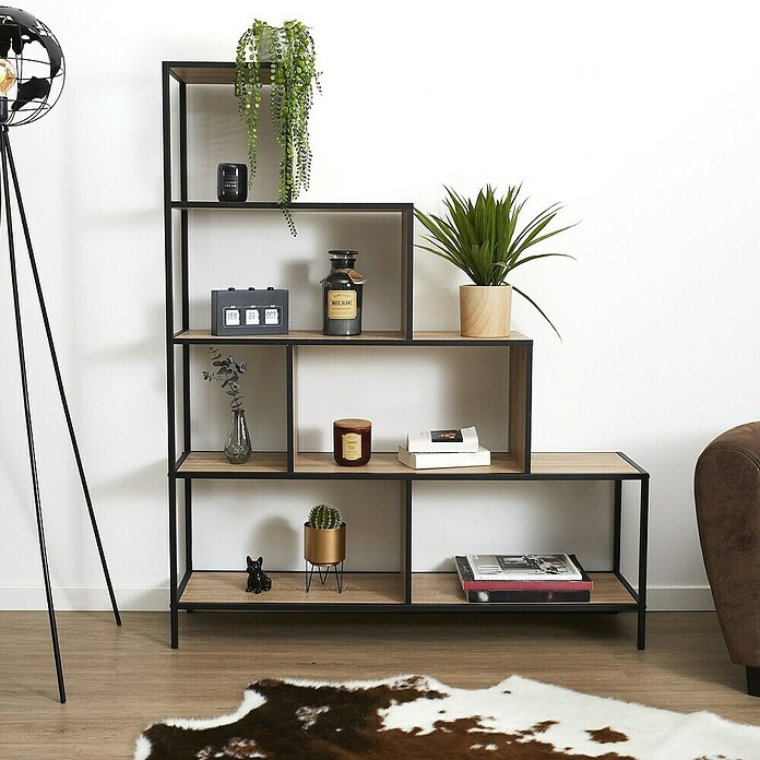 Home Deco Factory Edison Estantería metálica (L x An x Al: 30 x 120 x 146 cm, Metal/Madera, Negro/Marrón, Forma de escalera) | BAUHAUS