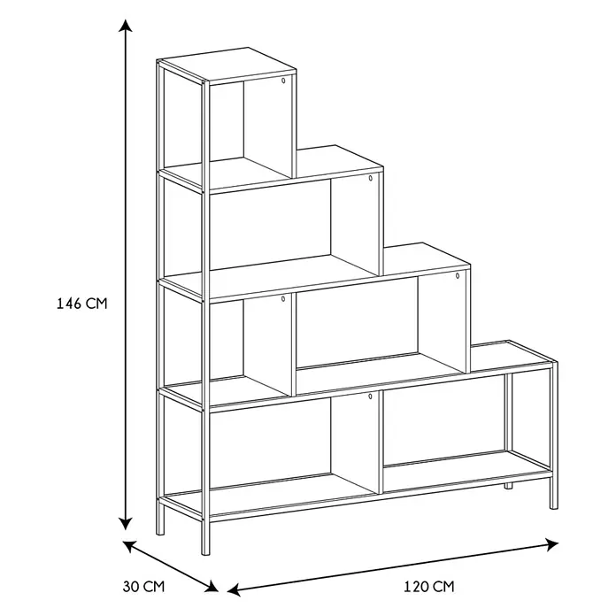 Home Deco Factory Edison Estantería metálica - L x An x Al: 30 x 120 x 146 cm, Metal/Madera, Negro/Marrón, Forma de escalera - Vista en perspectiva de una estantería escalonada con estructura metálica y estantes de madera de 146x120x30 cm.