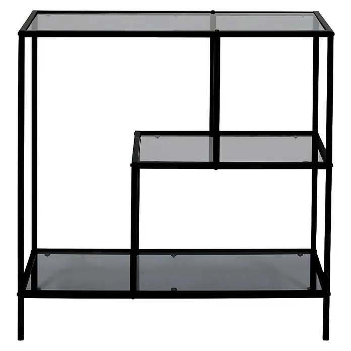 Home Deco Factory Edison Estantería metálica - L x An x Al: 30 x 80 x 79,5 cm, Metal/Vidrio templado, Negro - El producto es una estantería de diseño moderno con paneles de vidrio y estructura negra. Ofrece un almacenamiento versátil.