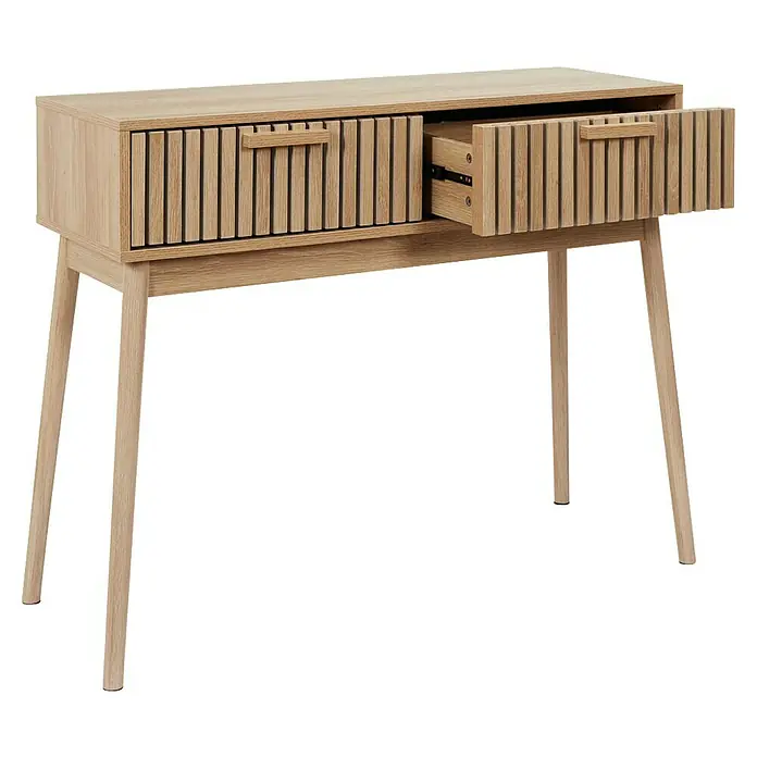 Home Deco Factory Klaus Mesa auxiliar - L x An x Al: 35 x 100 x 80 cm, Marrón, Diseño acanalado - Elegante consola con dos cajones y frentes de listones de madera. La madera clara añade calidez y estilo a cualquier espacio.\n