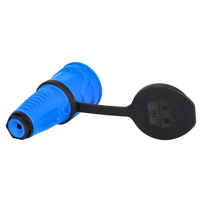 UniTEC Gummi-Schutzkontakt-Kupplung Taurus 2 - Blau, 250 V, IP54 - Blaues Kupplungsstück mit schwarzer Kappe, ein praktisches Zubehör für Wasserschläuche, das eine dichte und saubere Verbindung ermöglicht.