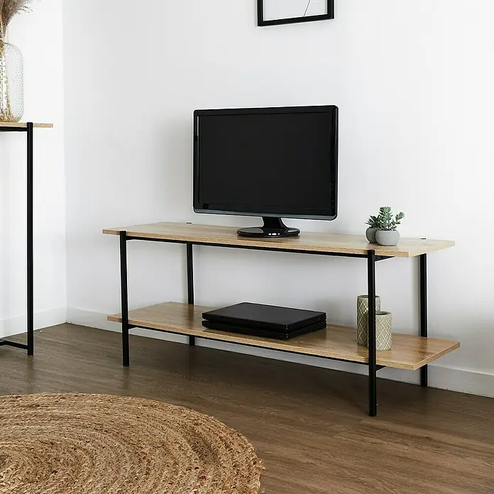 Home Deco Factory Loka Mueble para TV - L x An x Al: 35 x 115 x 45 cm, Negro/Marrón, Metal/MDF - El soporte de TV de dos niveles con estructura de metal negro ofrece un amplio espacio para dispositivos multimedia y objetos decorativos.