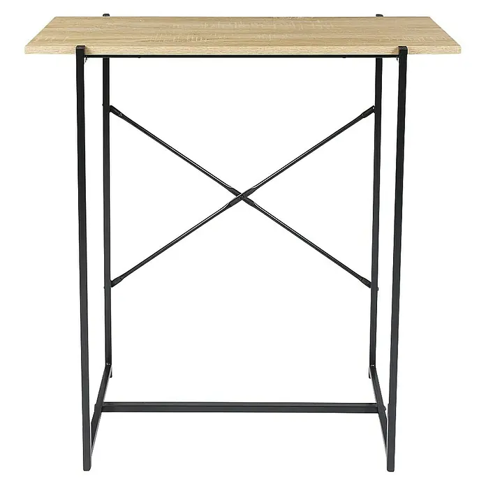 Home Deco Factory Loka Mesa auxiliar - L x An x Al: 30 x 80 x 82 cm, Negro/Marrón, Metal/MDF - Primer plano de un escritorio moderno con madera clara y estructura de metal negro, ideal para oficina o estudio.