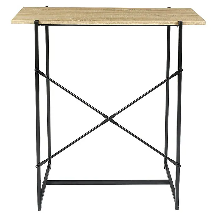Home Deco Factory Loka Mesa auxiliar - L x An x Al: 30 x 80 x 82 cm, Negro/Marrón, Metal/MDF - Tablero de madera clara sobre una estructura metálica negra con soportes cruzados. El mueble parece moderno y estable.