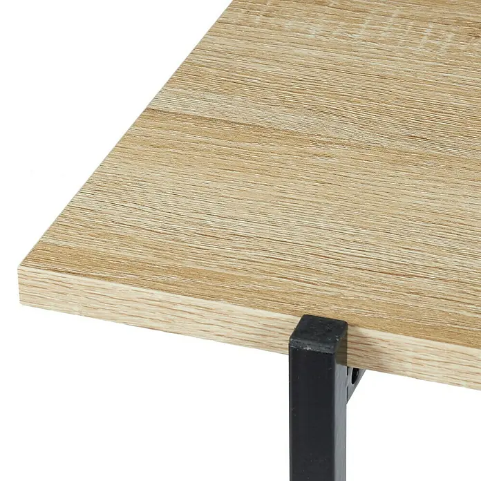 Home Deco Factory Loka Mesa auxiliar - L x An x Al: 30 x 80 x 82 cm, Negro/Marrón, Metal/MDF - Primer plano de una tapa de mesa con textura de madera y una pata de metal negro, mostrando su diseño luminoso y moderno.