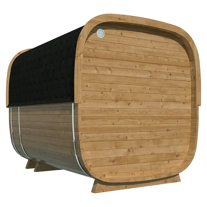 Tuindeco Saunahaus Cube Rovaniemi - L x B x H: 286 x 219 x 234 cm, Ohne Ofen, Thermoholz - Fassförmige Sauna aus Holz mit schwarzem Dach, ideal für entspannende Wellnessmomente im eigenen Garten.