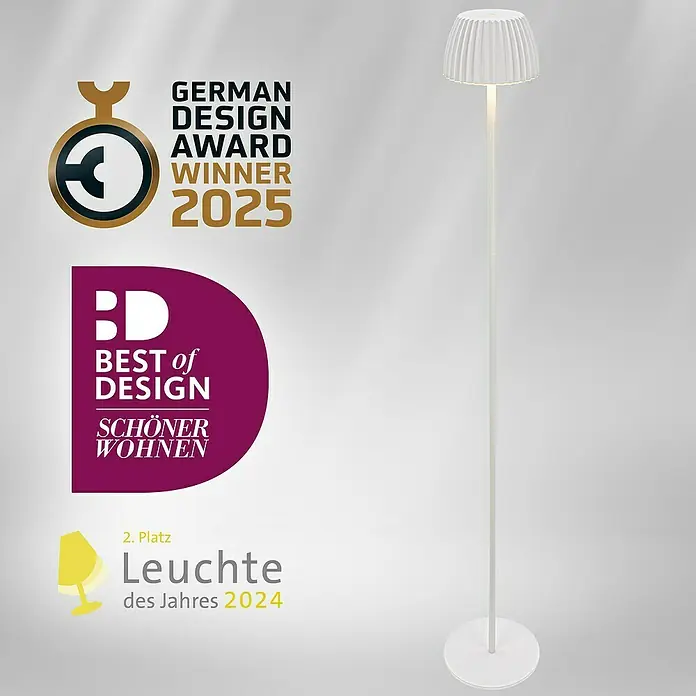 Brilo Riffle Akku-Stehleuchte Maxi - Ø x H: 19 x 124,1 cm, Weiß, Warmweiß, 4,2 W, IP44 - Elegante Stehlampe in Weiß, ausgezeichnet mit dem German Design Award 2025 und weiteren Designpreisen.