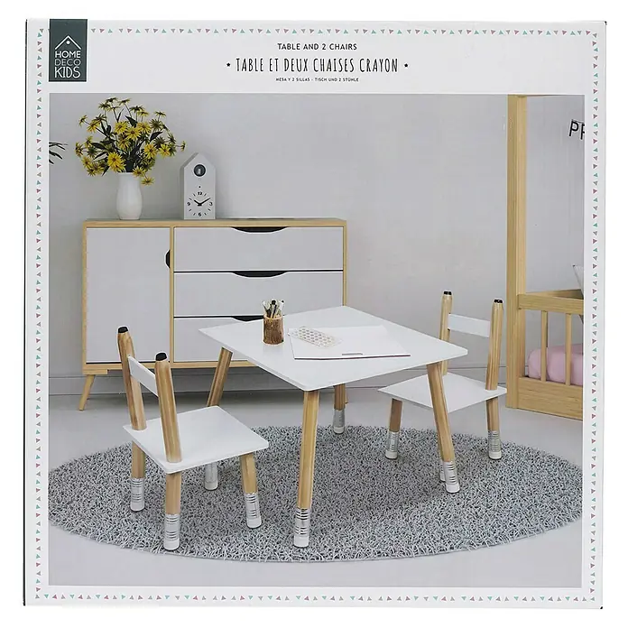 Home Deco Kids Conjunto de muebles Lápiz - 5 pzs., Blanco/Beige, Específico para: Niños de 3 a 5 años - Juego de habitación infantil con una mesa y dos sillas temáticas de lápiz, ideal para juegos creativos.