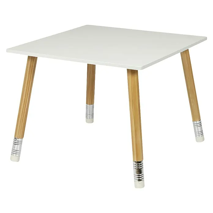 Home Deco Kids Conjunto de muebles Lápiz - 5 pzs., Blanco/Beige, Específico para: Niños de 3 a 5 años - Primer plano de una mesa cuadrada blanca con patas de madera marrón claro y detalles plateados.