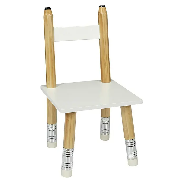 Home Deco Kids Conjunto de muebles Lápiz - 5 pzs., Blanco/Beige, Específico para: Niños de 3 a 5 años - Primer plano de una silla con patas de lápiz y asiento blanco, que muestra un diseño creativo y divertido. Ideal para habitación infantil.