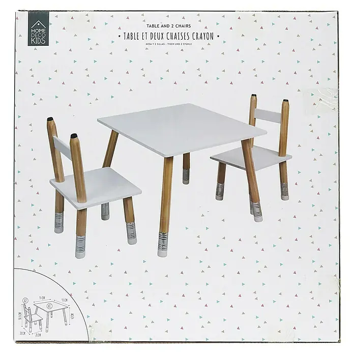 Home Deco Kids Conjunto de muebles Lápiz - 5 pzs., Blanco/Beige, Específico para: Niños de 3 a 5 años - Imagen de un paquete con una mesa y dos sillas para niños, modelo "Crayon" con diseño de lápiz.