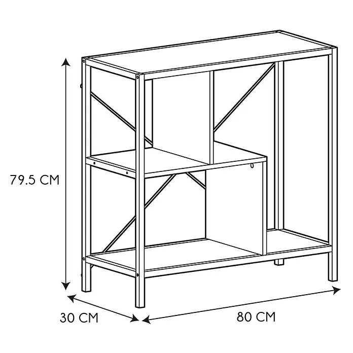 Home Deco Factory Edison Estantería metálica - L x An x Al: 30 x 80 x 79,5 cm, Metal/Madera, Blanco/Marrón - Imagen del producto de una estantería con dimensiones de 79,5 cm de altura, 30 cm de profundidad y 80 cm de ancho.