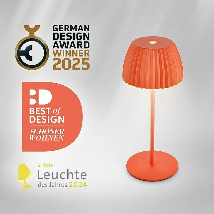 Brilo Riffle Akku-Tischleuchte - Ø x H: 8,5 x 20,1 cm, Orange, Warmweiß, 1,5 W, IP44, Mini - Stilvolle, orangefarbene Lampe mit Auszeichnungen wie dem German Design Award 2025 und dem Best of Design-Siegel.