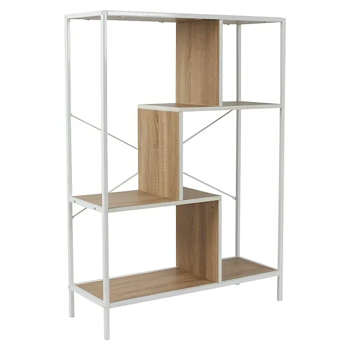 Home Deco Factory Edison Estantería metálica - L x An x Al: 30 x 80 x 113 cm, Metal/Madera, Blanco/Marrón - Librería moderna con estructura blanca y estantes de madera. La estantería ofrece un almacenamiento elegante para libros y objetos decorativos.