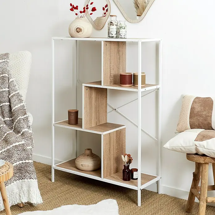 Home Deco Factory Edison Estantería metálica - L x An x Al: 30 x 80 x 113 cm, Metal/Madera, Blanco/Marrón - Estantería moderna con estructura de metal blanco y estantes de madera. Mueble elegante para salón u oficina, ofreciendo espacio y diseño atractivo.