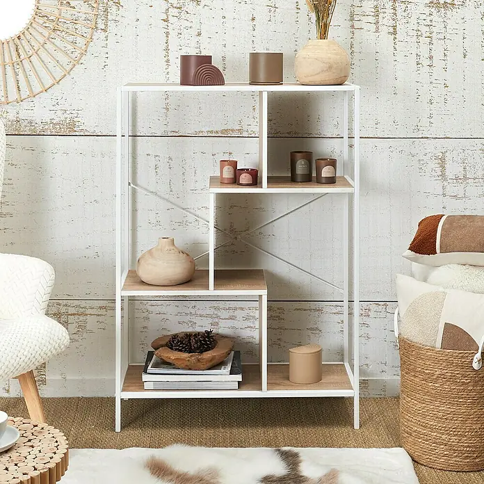 Home Deco Factory Edison Estantería metálica - L x An x Al: 30 x 80 x 113 cm, Metal/Madera, Blanco/Marrón - Estantería decorativa con detalles en madera y metal, perfecta para exhibir accesorios y almacenaje con estilo.