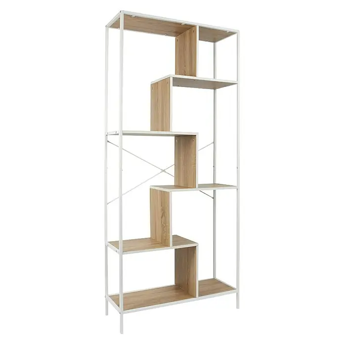 Home Deco Factory Edison Estantería metálica - L x An x Al: 30 x 80 x 180 cm, Metal/Madera, Blanco/Marrón - La imagen muestra una estantería con estructura metálica y estantes de madera, destacando su diseño moderno y aireado, así como su amplio almacenamiento.