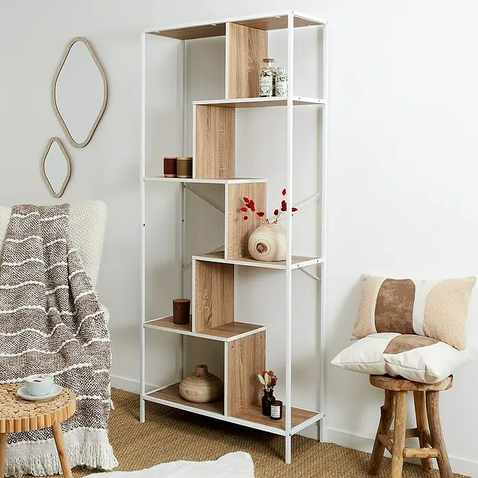 Home Deco Factory Edison Estantería metálica - L x An x Al: 30 x 80 x 180 cm, Metal/Madera, Blanco/Marrón - Librería moderna con un diseño abierto. La estantería con aspecto de madera y marco blanco ofrece mucho espacio de almacenamiento y exhibición.
