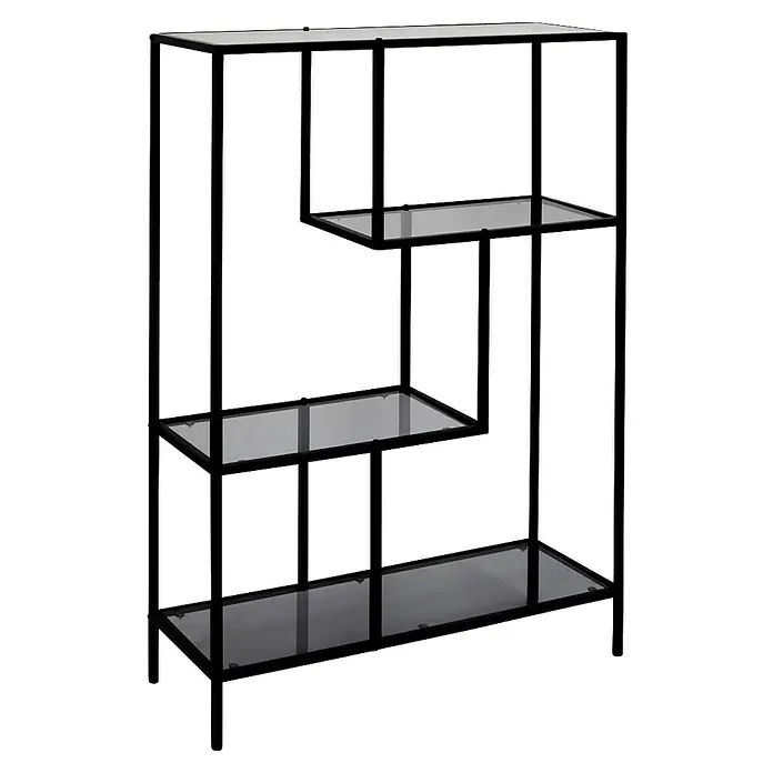 Home Deco Factory Edison Estantería metálica - L x An x Al: 30 x 80 x 113 cm, Metal/Vidrio templado, Negro - Un estante de exhibición negro de tres niveles con estantes de vidrio para una presentación elegante.