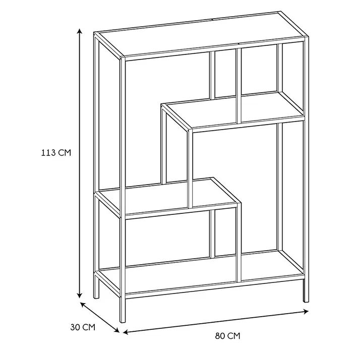 Home Deco Factory Edison Estantería metálica - L x An x Al: 30 x 80 x 113 cm, Metal/Vidrio templado, Negro - Vista del producto de una estantería metálica escalonada con dimensiones de 113 cm de altura, 80 cm de ancho y 30 cm de profundidad.