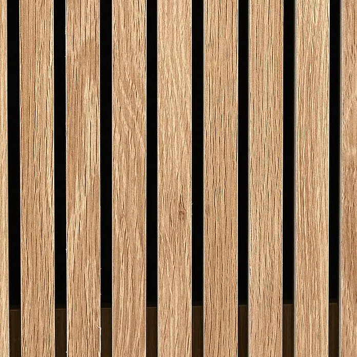 Home Deco Factory Klaus Estantería de madera - L x An x Al: 35 x 100 x 140 cm, Marrón, Diseño acanalado - Vista de listones de madera con acentos negros entre ellos, creando un panel de pared decorativo. La textura de la madera añade calidez.
