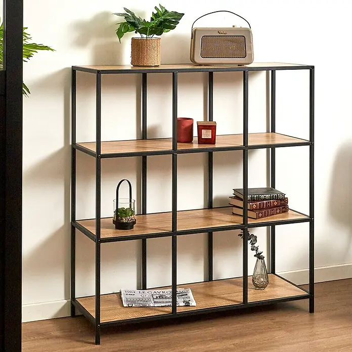 Home Deco Factory Loka Estantería de madera - L x An x Al: 32 x 99 x 105,5 cm, Negro/Marrón, Metal/MDF - Elegante estantería con estructura de metal negro y estantes de madera. Perfecto para guardar libros y objetos decorativos con estilo.