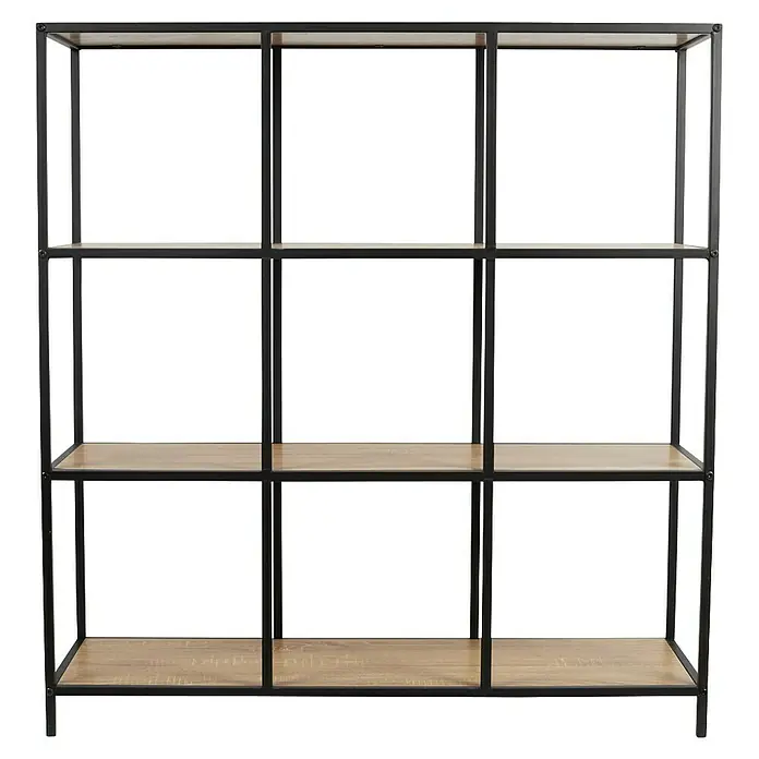 Home Deco Factory Loka Estantería de madera - L x An x Al: 32 x 99 x 105,5 cm, Negro/Marrón, Metal/MDF - Librería negra de tres niveles con nueve compartimentos y estantes marrón claro sobre un fondo negro.