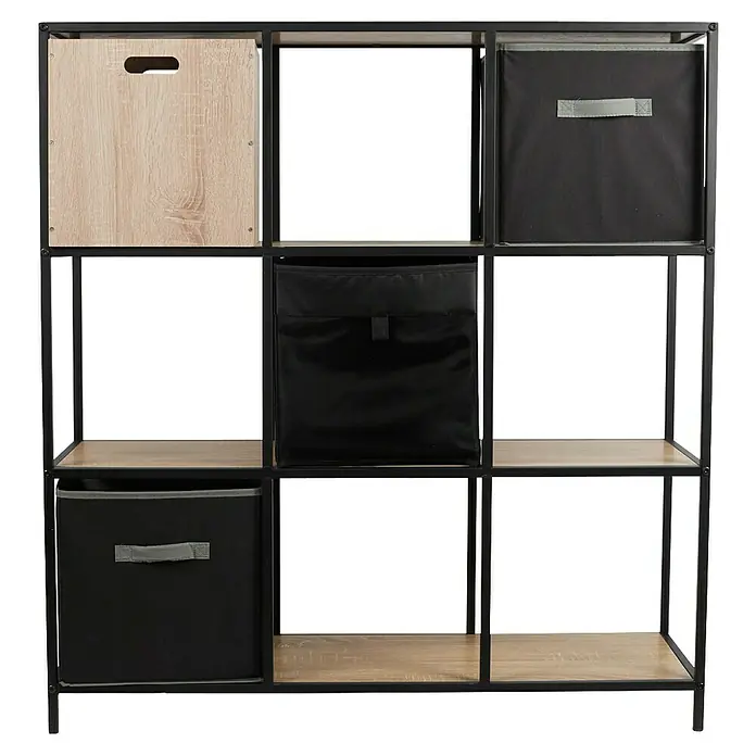 Home Deco Factory Loka Estantería de madera - L x An x Al: 32 x 99 x 105,5 cm, Negro/Marrón, Metal/MDF - Estantería cúbica negra con una disposición de tres por tres. Algunos compartimentos están llenos de cajas beige o negras.