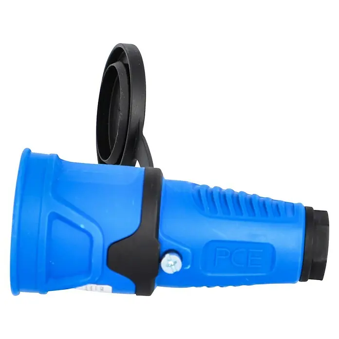 UniTEC Gummi-Schutzkontakt-Kupplung Taurus 2 - Blau, 250 V, IP54 - Nahaufnahme eines blauen PCE-Gartenschlauchanschlusses mit schwarzer Halterung. Ideal für die Gartenbewässerung und einfache Schlauchverbindungen.