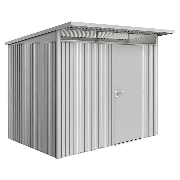 Biohort AvantGarde Gerätehaus A5 - Außenmaß inkl. Dachüberstand (B x T): 260 x 220 cm, Stahl, Silber Metallic, Einzeltür - Diagonale Ansicht