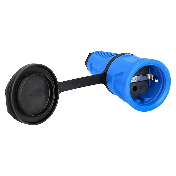 UniTEC Gummi-Schutzkontakt-Kupplung Taurus 2 - Blau, 250 V, IP54 - Ein blauer Stecker mit schwarzer Schutzkappe, der für den Außeneinsatz konzipiert ist und zuverlässigen Schutz bietet.