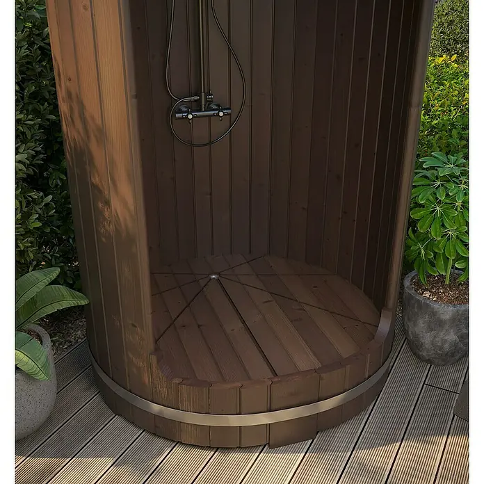 Tuindeco Gartendusche - Ø x H: 130 x 228 cm, Holz - Freistehende Außendusche aus Holz mit rustikalem Design und dunkler Oberfläche für den Garten oder die Terrasse.