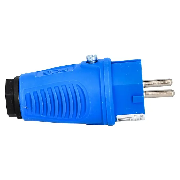 UniTEC Gummi-Schutzkontakt-Stecker Taurus 2 - Blau, 250 V, IP54 - Blauer PCE-Stecker mit zwei Stiften, ideal für Elektrogeräte. Kompaktes Design mit guter Griffigkeit und Schraubbefestigung für sicheren Halt.