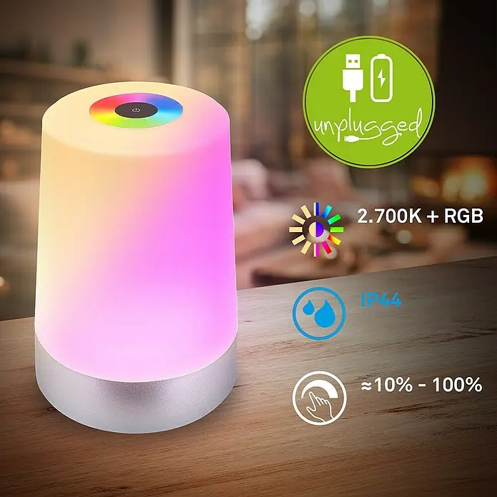 Brilo Akku-Tischleuchte Nubsi - Ø x H: 9 x 13 cm, Chrome, RGBW, 2,8 W, IP44 - Farbiges, kabelloses LED-Nachtlicht mit Dimmfunktion und Touch-Steuerung für stimmungsvolle Beleuchtung im Innenbereich.