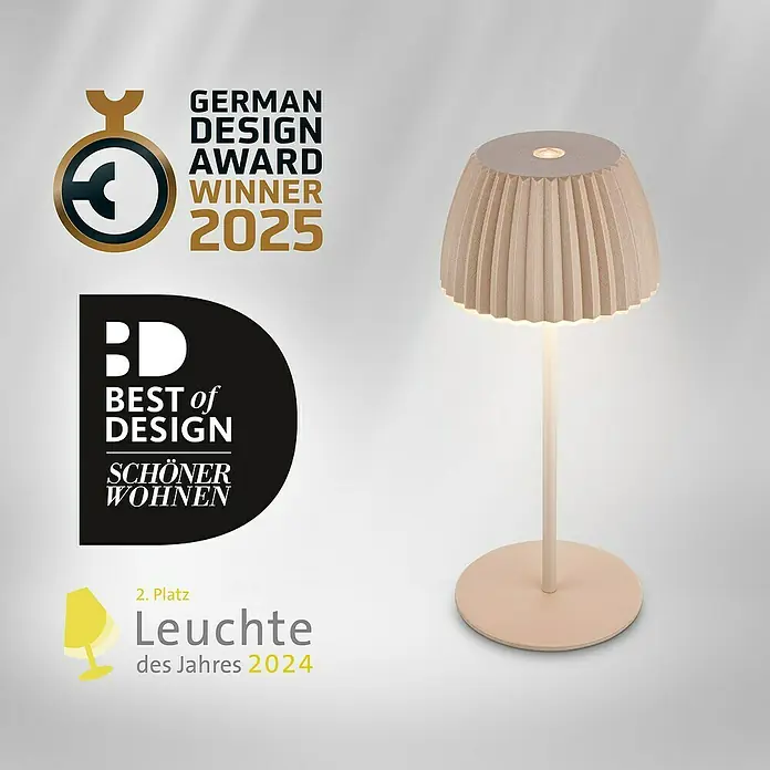 Brilo Riffle Akku-Tischleuchte - Ø x H: 8,5 x 20,1 cm, Beige, Warmweiß, 1,5 W, IP44, Mini - Ausgezeichnete Lampe: German Design Award Winner 2025, Best of Design, Leuchte des Jahres 2024. Elegantes Design für Ihr Zuhause.
