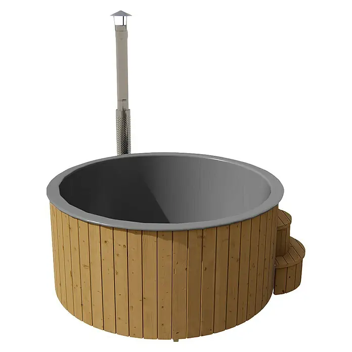 Tuindeco Hot Tub Deluxe XL - 226 cm, Kiefer, Natur, Max. Personenzahl: 6 Stk. - Abbildung eines runden Holz-Whirlpools mit Treppe und einem Ofenrohr, das sich bis zum oberen Rand des Bildes erstreckt.