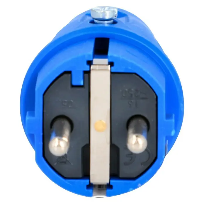 UniTEC Gummi-Schutzkontakt-Stecker Taurus 2 - Blau, 250 V, IP54 - Nahaufnahme eines blauen Schuko-Steckers mit zwei Stiften und einem Erdungsclip für europäische Steckdosen.