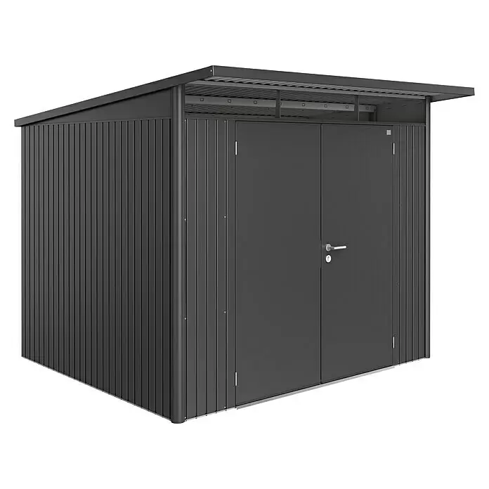Biohort AvantGarde Gerätehaus AvantGarde A6 - Außenmaß inkl. Dachüberstand (B x T): 260 x 260 cm, Stahl, Dunkelgrau Metallic, Doppeltür - Diagonale Ansicht