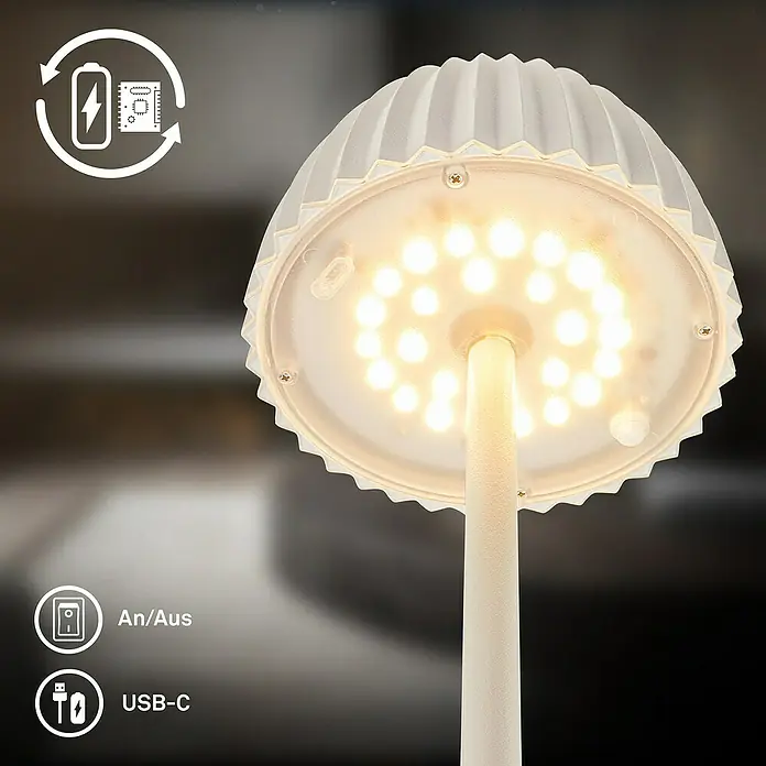 Brilo Riffle Akku-Stehleuchte Maxi - Ø x H: 19 x 124,1 cm, Weiß, Warmweiß, 4,2 W, IP44 - Nahaufnahme einer Tischleuchte mit LED-Beleuchtung, die ein warmes Licht ausstrahlt. Das Design ist modern und funktional.