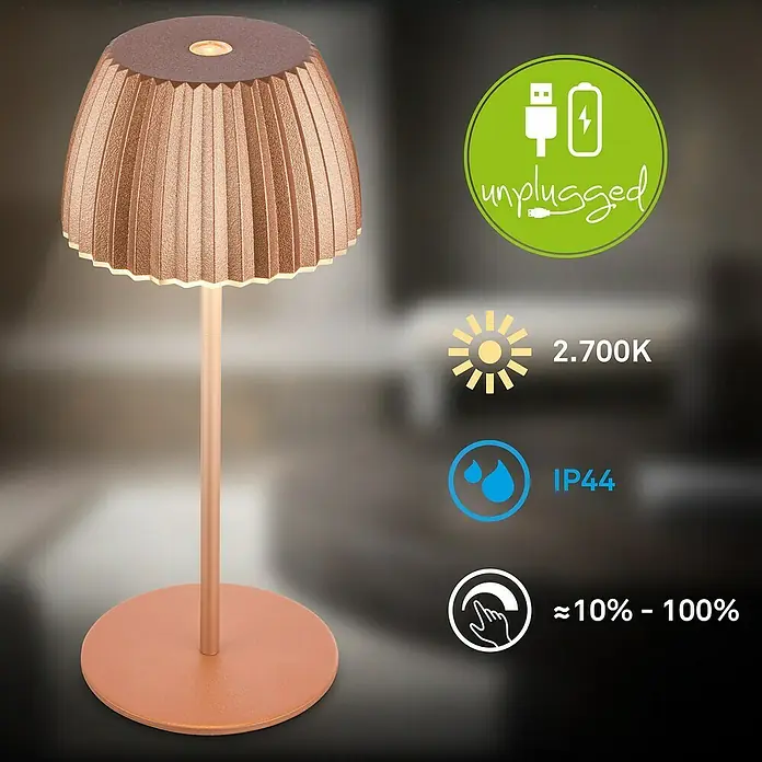 Brilo Riffle Akku-Tischleuchte - Ø x H: 8,5 x 20,1 cm, Kupfer, Warmweiß, 1,5 W, IP44, Mini - Dimmbare bronzefarbene Tischleuchte mit Akku, perfekt für stimmungsvolle Beleuchtung und kabellose Flexibilität.